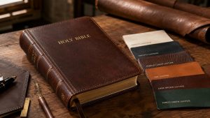Custom genuine leather bible shown with different leather textures and swatches on an artisan's workbench.