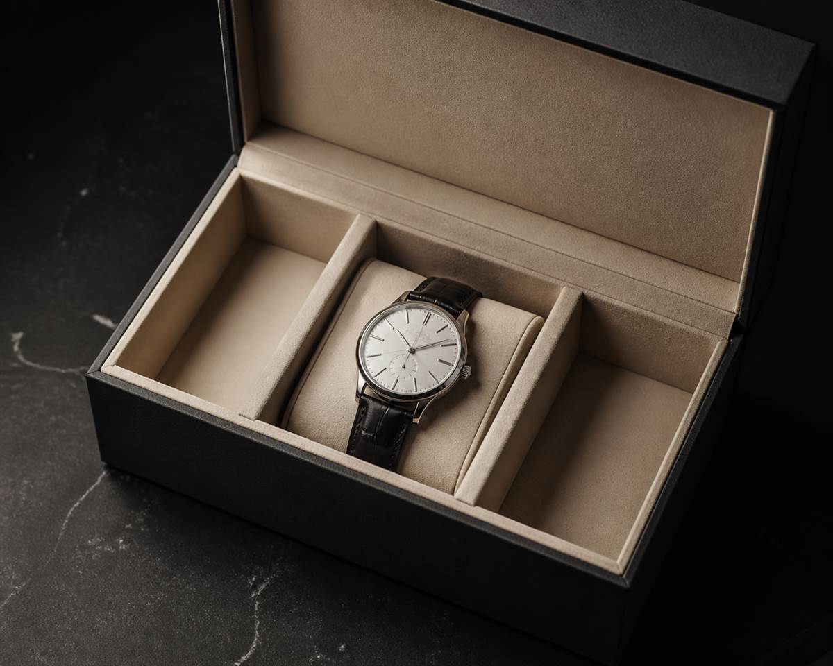 Finished watch box interior showing lining, dividers, and usable compartment space