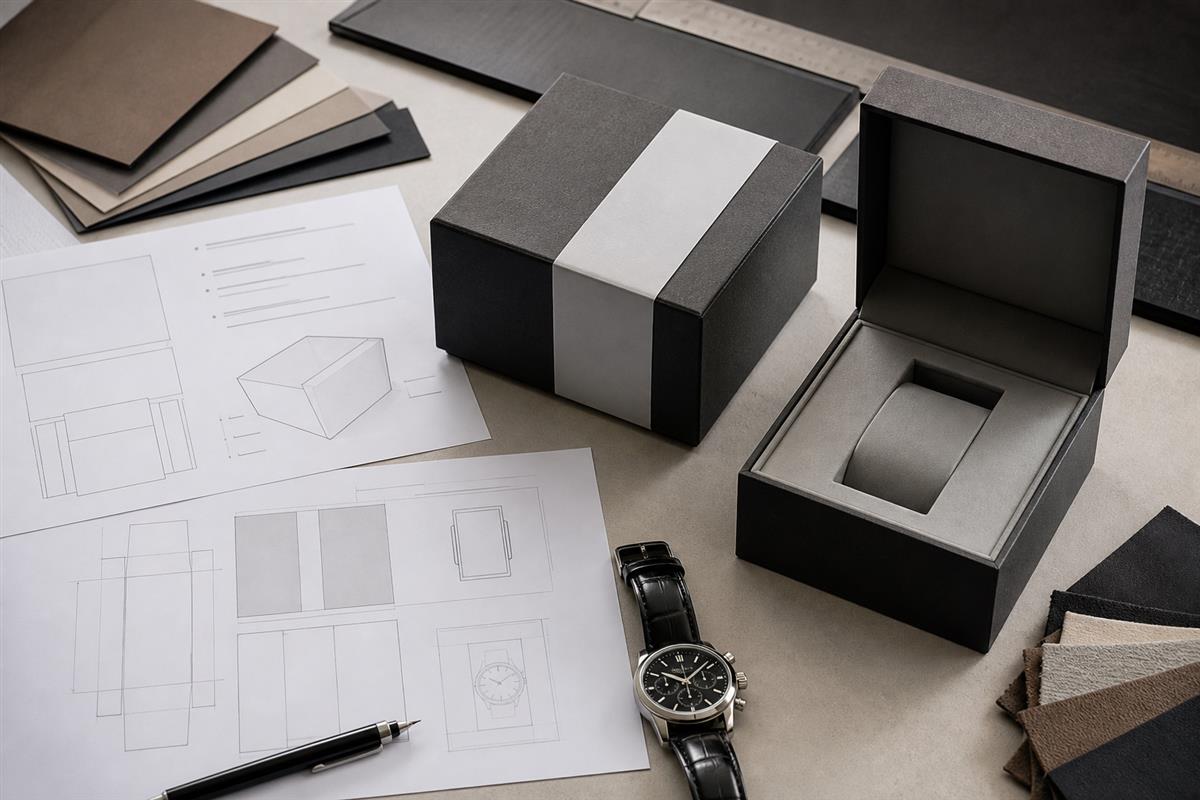 Watch box specification brief with watch measurements, insert plan, and packaging sample