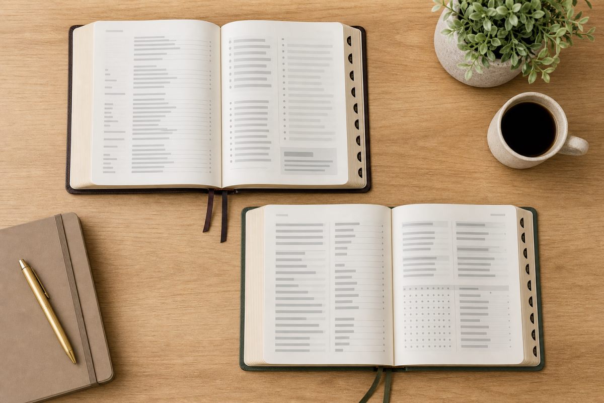 Open unbranded Bible contents pages compared side by side