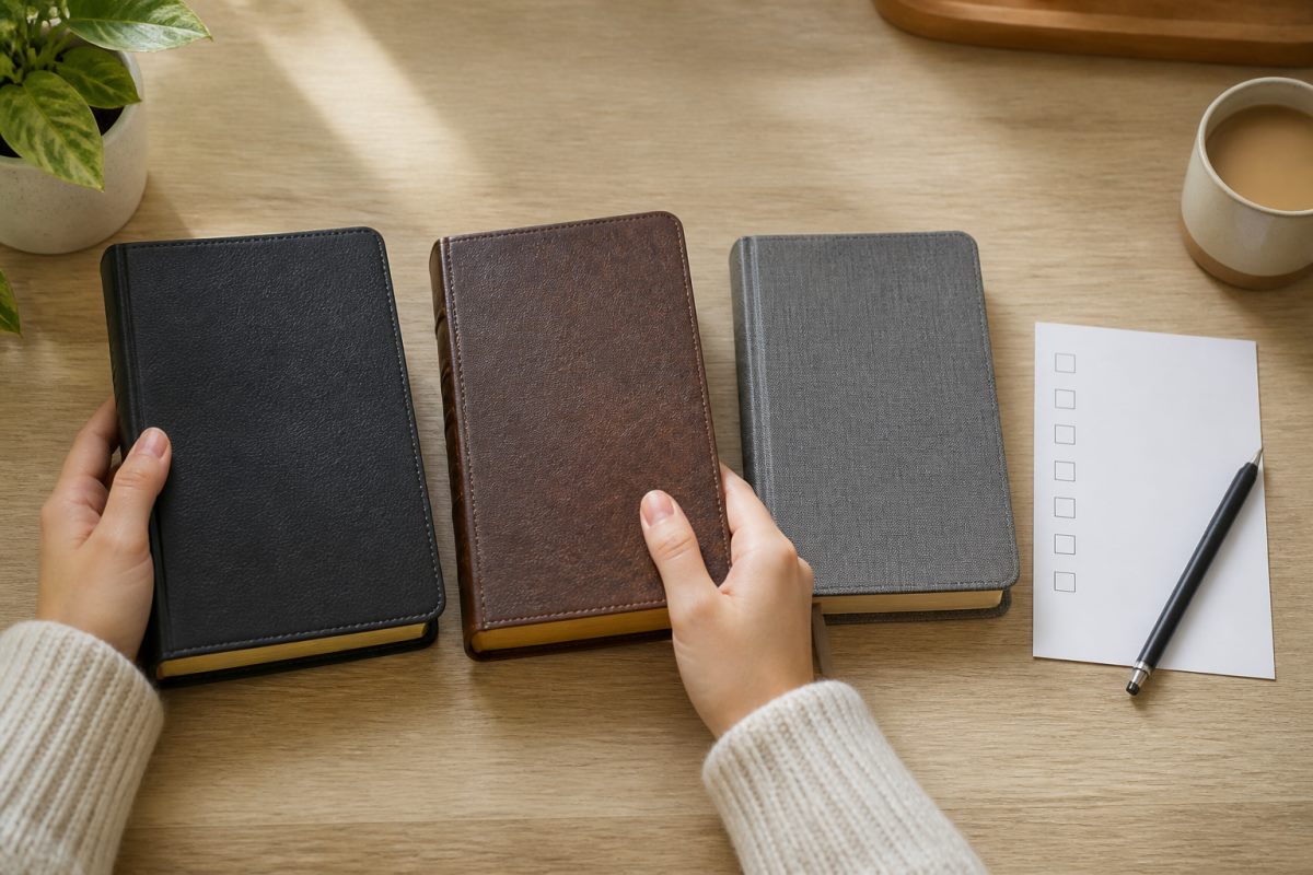 Reader comparing unbranded Bible editions with a practical checklist