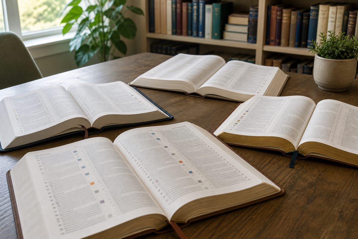 Several unbranded Bible editions open to chapter and verse navigation