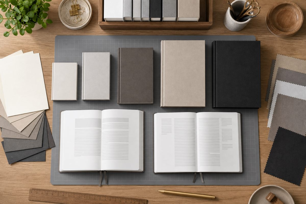 Bible trim sizes, page layouts, and paper samples on a publishing desk