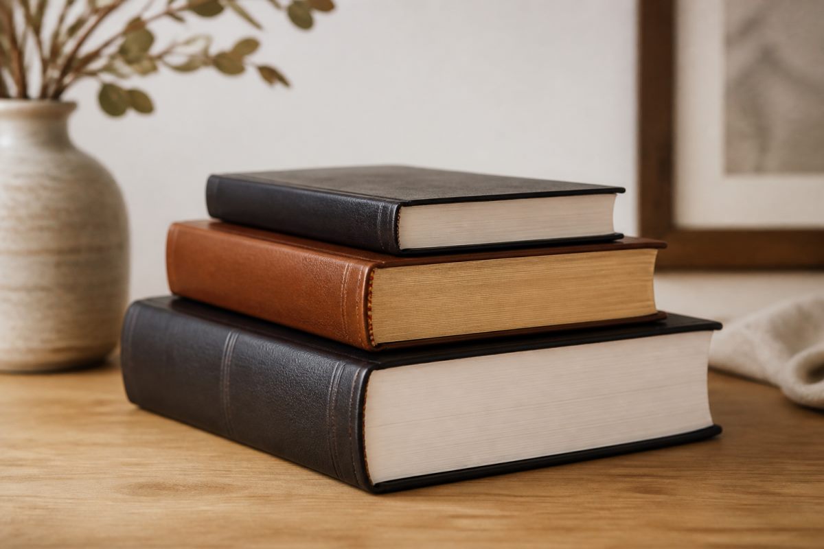 Stack of unbranded Bible editions illustrating page-count variation