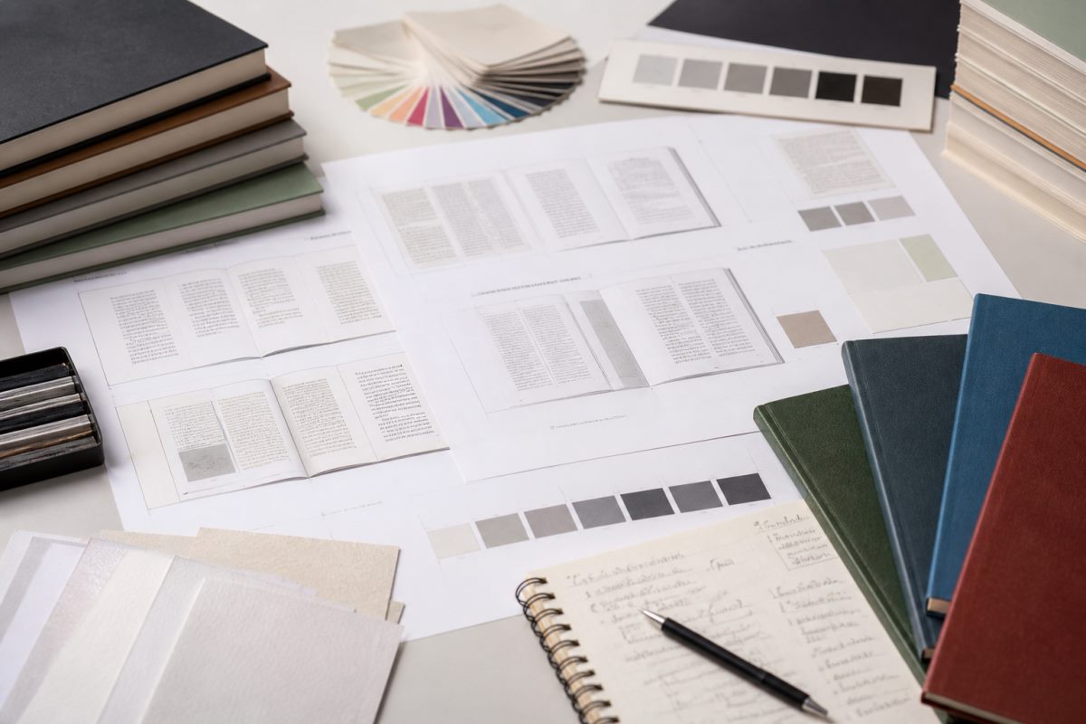 Bible printing brief with unbranded page layouts, cover samples, and notes