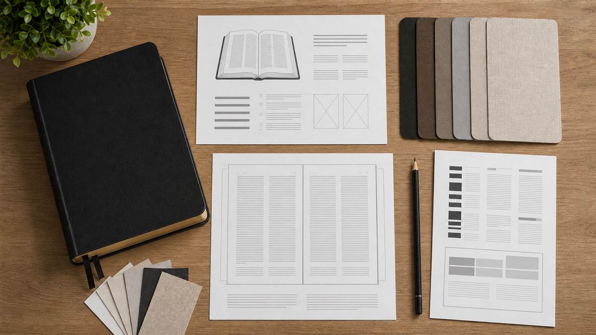 Bible printing project brief with page layouts, cover swatches, and production notes