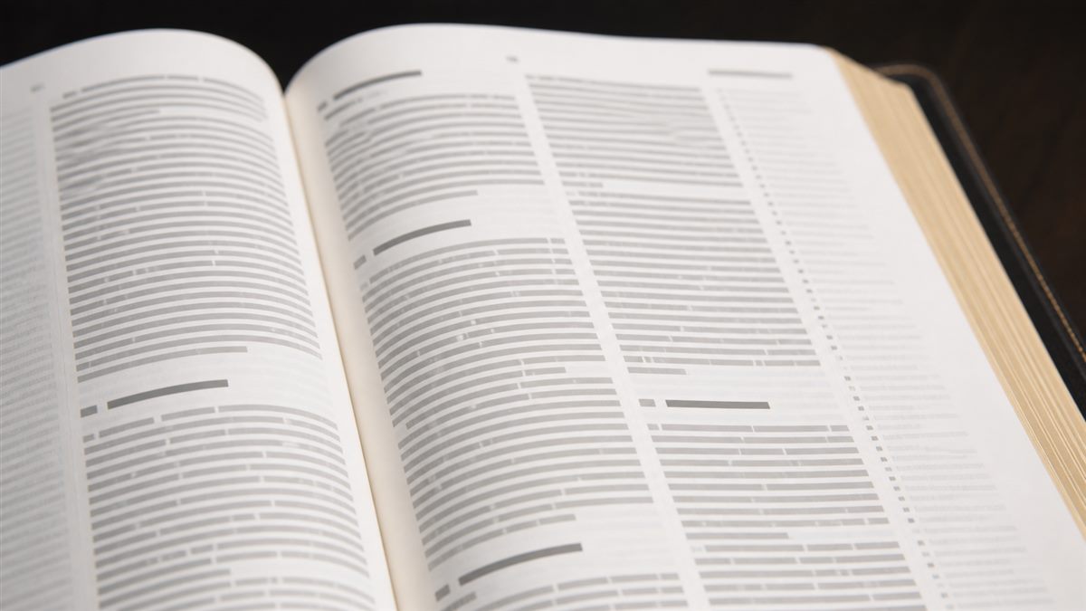 Close view of Bible text with headings and reference details