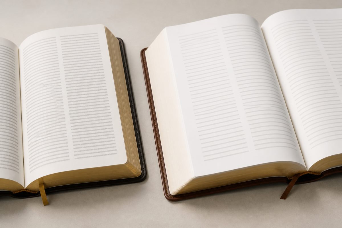 Close comparison of Bible page layouts with varied type sizes and spacing