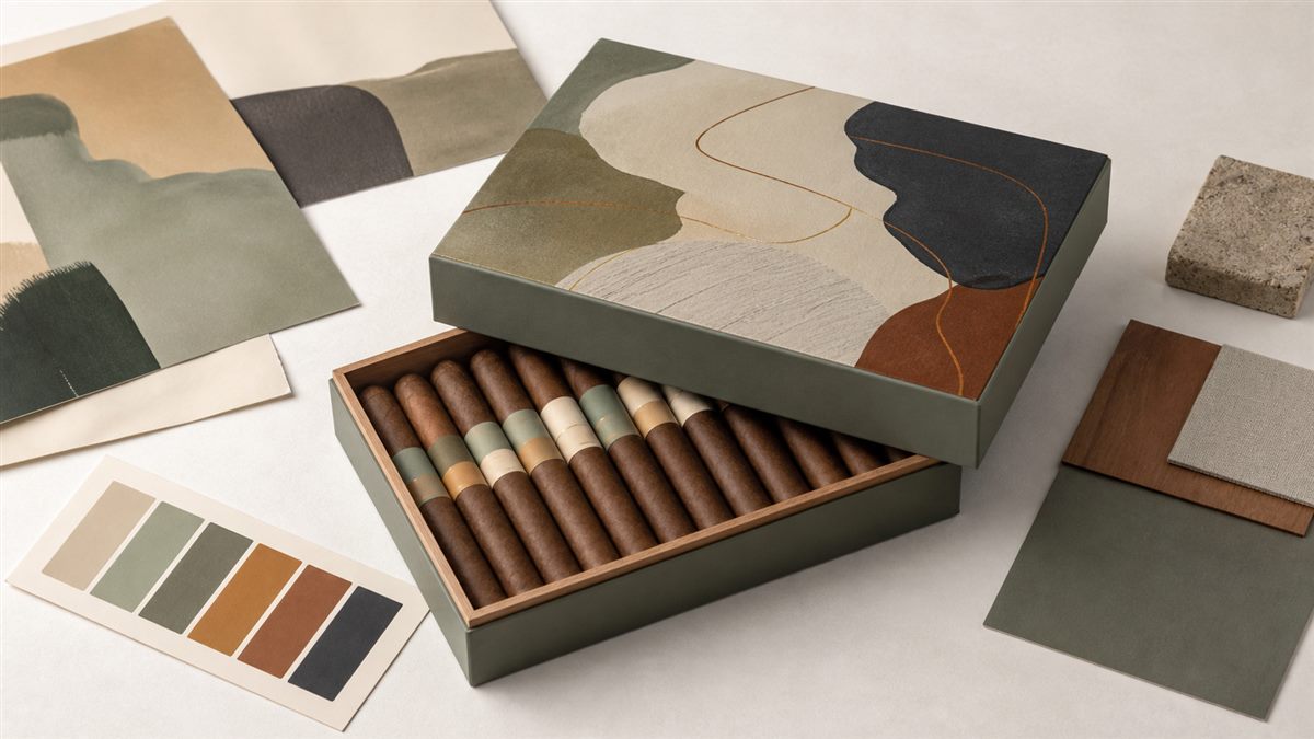 Cigar box art direction board with illustrated packaging concepts and color swatches