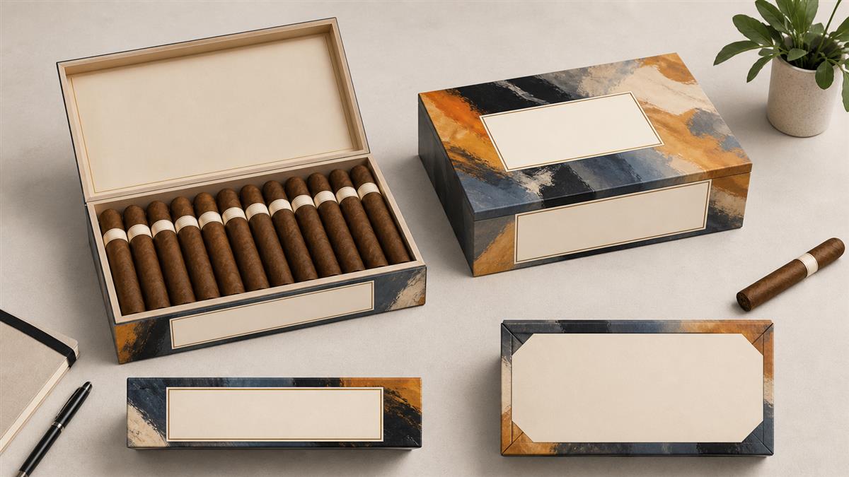Cigar box layout concept with clear information zones integrated into the packaging design