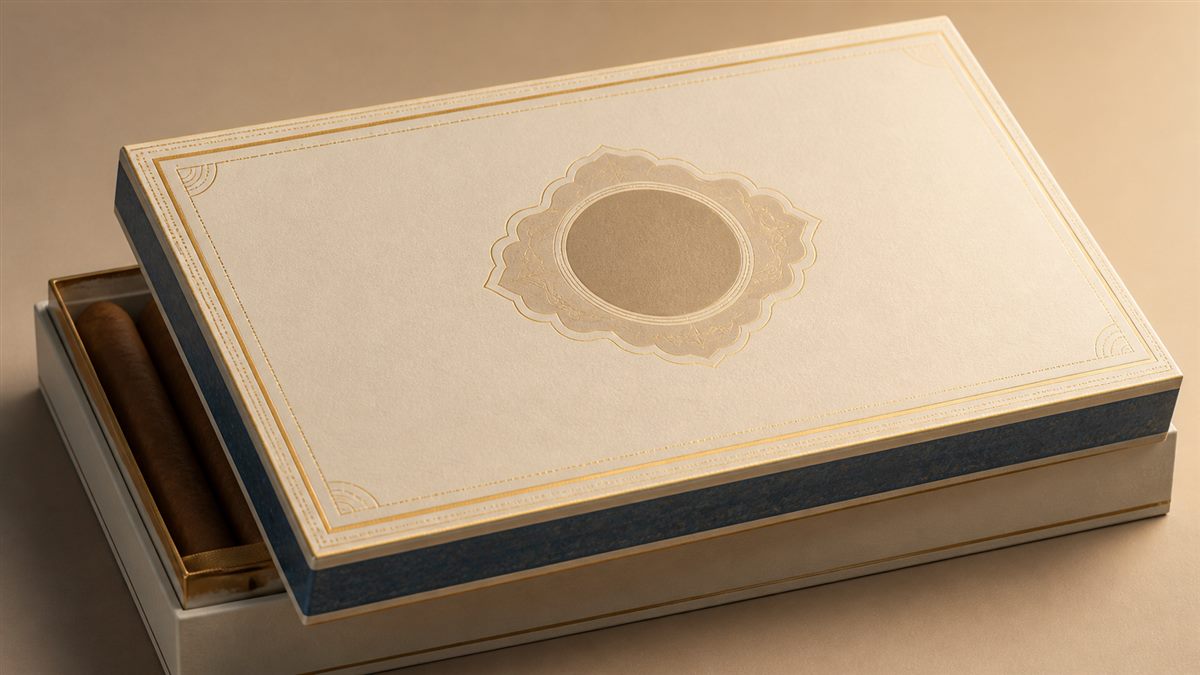 Cigar box lid with an illustrated label area, edge band, and decorative border