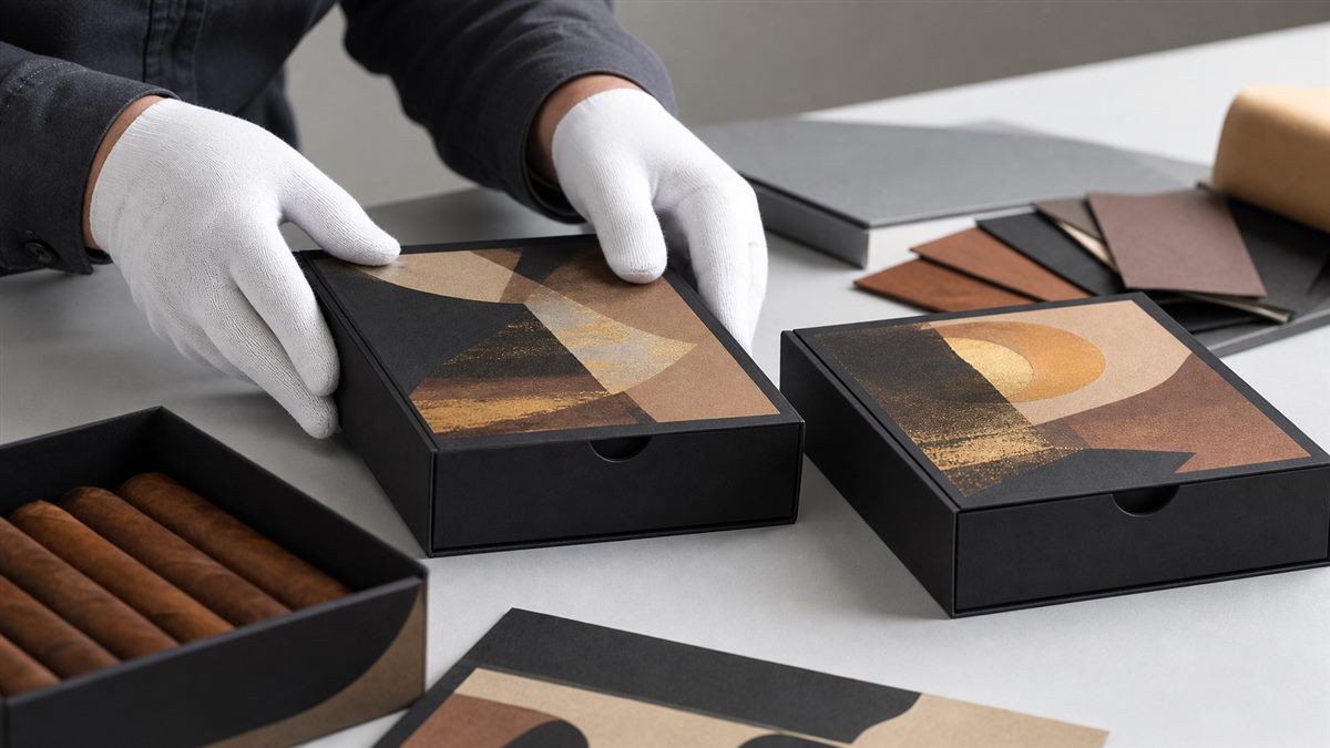 Cigar box samples reviewed for artwork alignment, surface appearance, and assembly
