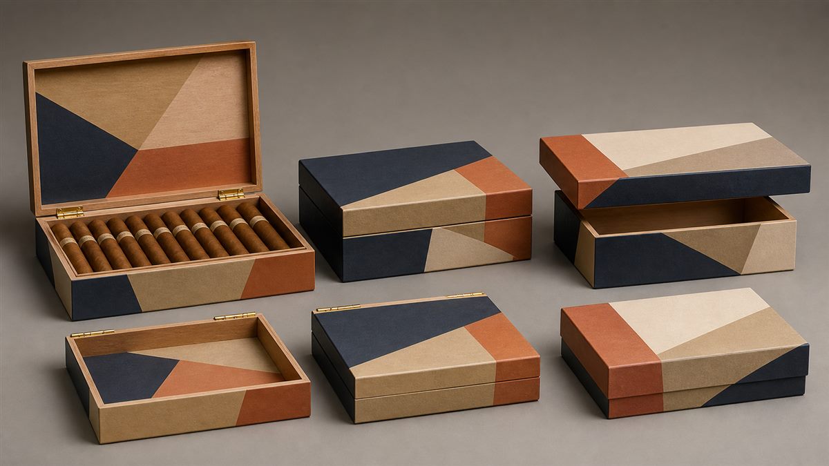 Cigar box artwork mapped across lid, side panels, and interior surfaces