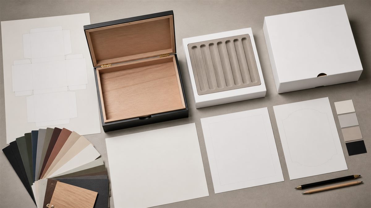 Cigar box art brief with packaging mockup, color samples, layout sheet, and packing reference