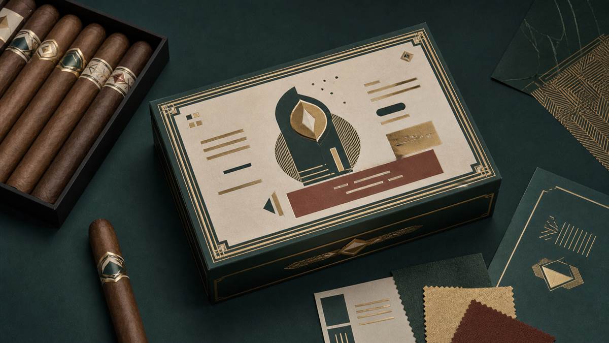 Cigar box design showing illustration, typography placeholders, border, emblem, and pattern elements