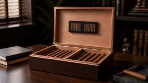 Unbranded cigar box beside a purpose-built humidor in a calm studio setting