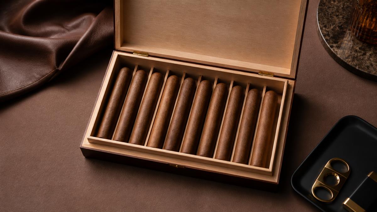 Open cigar box organizing unbranded cigars for presentation and handling protection