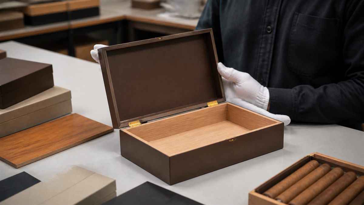 Unbranded cigar box sample reviewed for structure, print appearance, and presentation