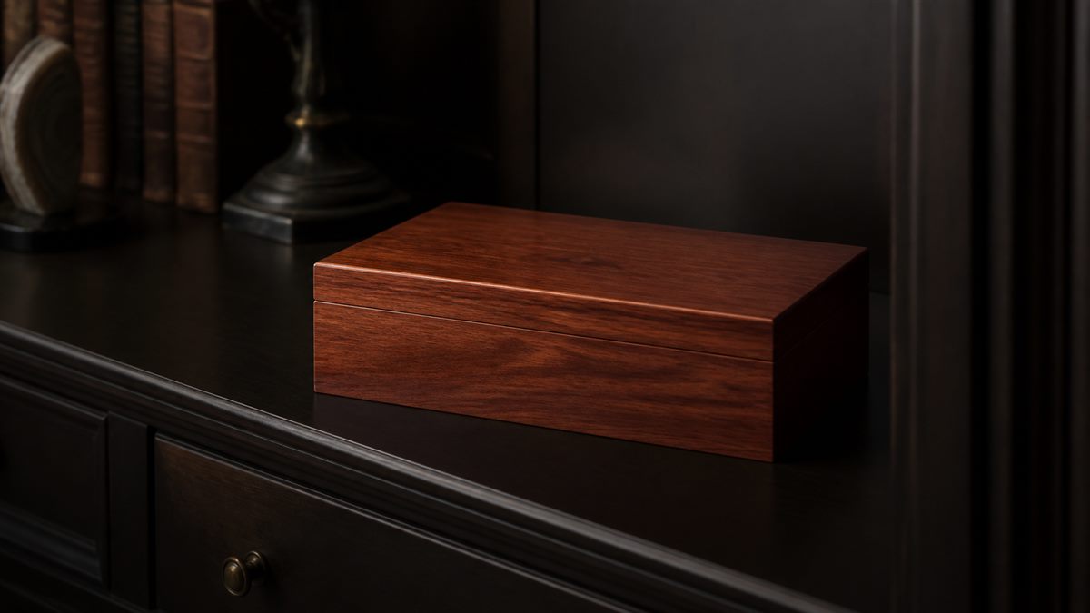 Closed cigar box stored in a shaded cabinet-like setting away from direct light