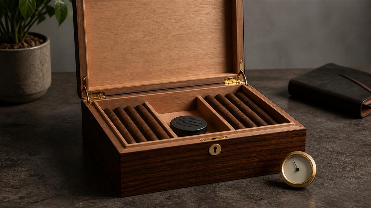 Cigar box compared with a generic humidor as two different storage containers