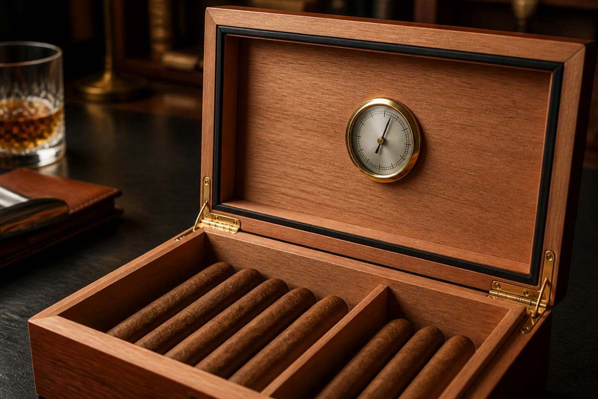 Cigar humidor interior with a monitoring gauge and neatly stored cigars.