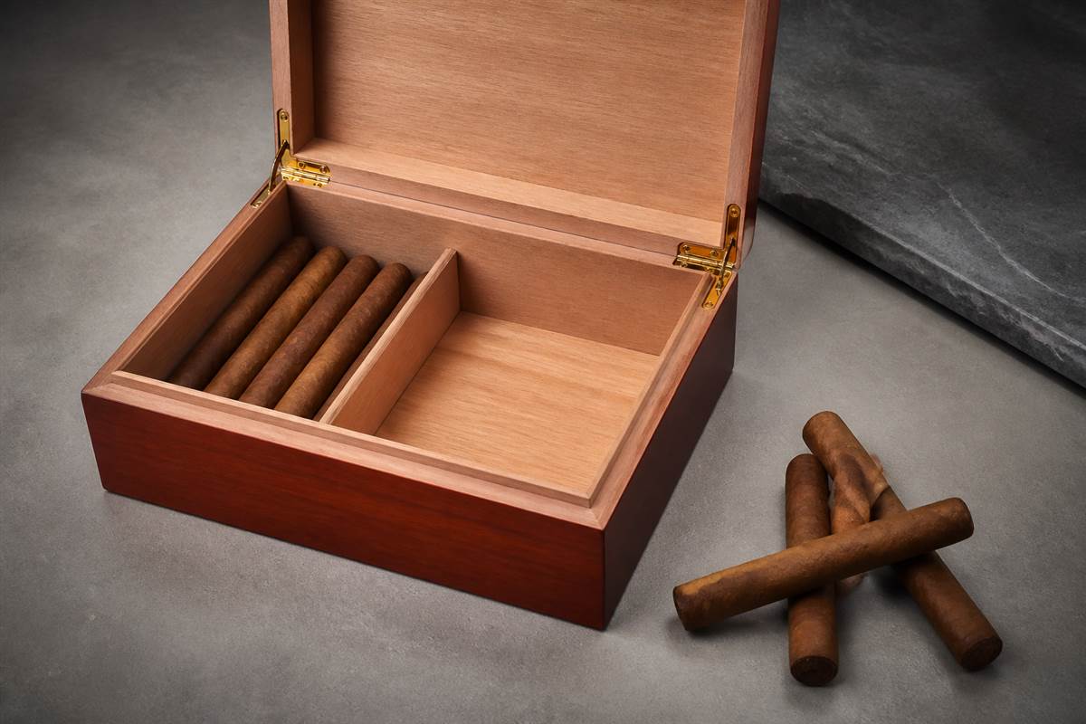 Partially filled cigar box humidor showing room for organized storage.