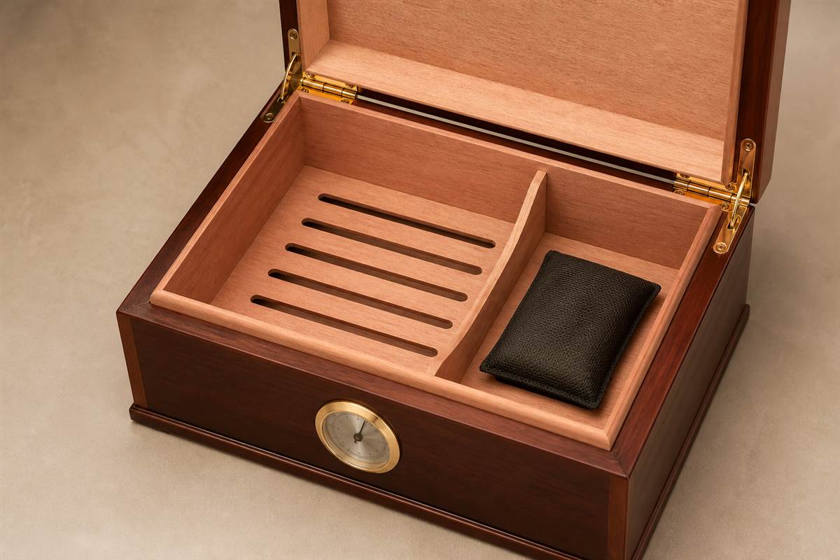Cigar humidor components including divider, monitor, and humidity-control pouch.