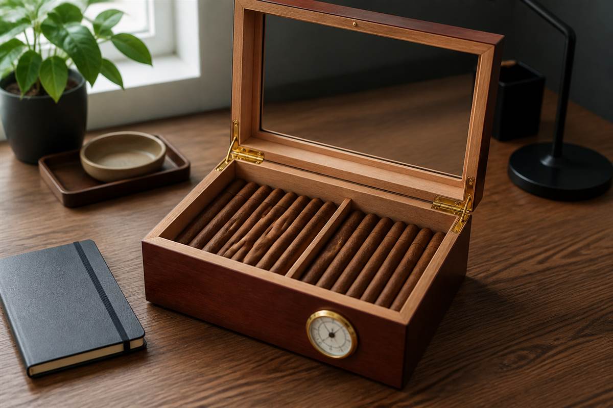 Orderly cigar humidor maintenance scene with stored cigars and a monitoring gauge.