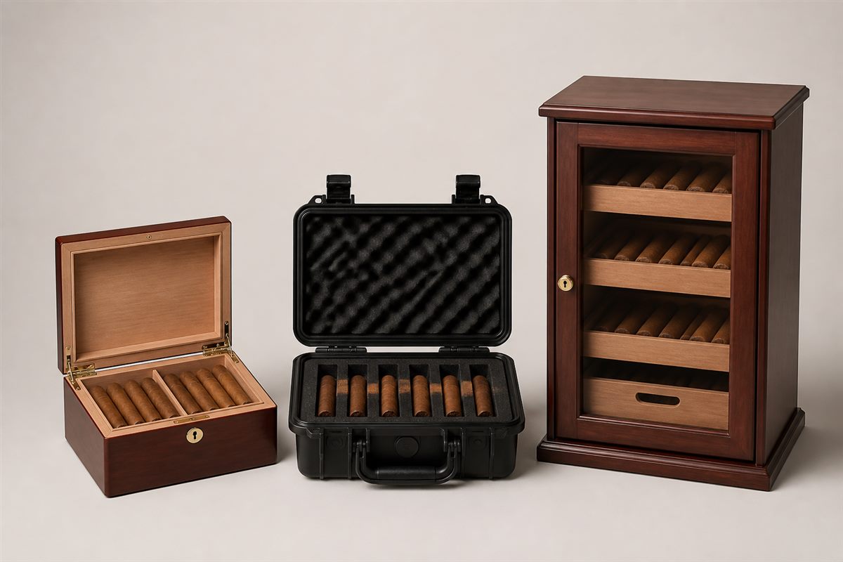 Three cigar humidor formats shown side by side: desktop box, travel case, and cabinet.