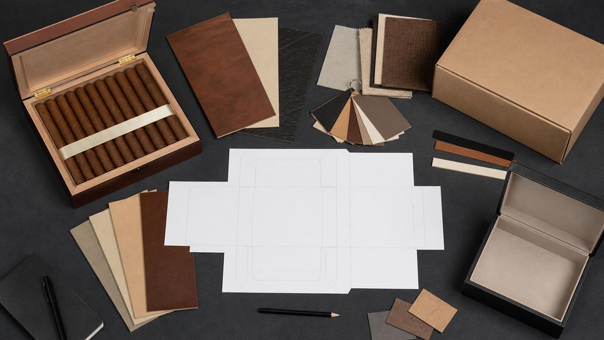 Cigar packaging brief scene with unbranded box mockup, dimensions sheet, and presentation samples