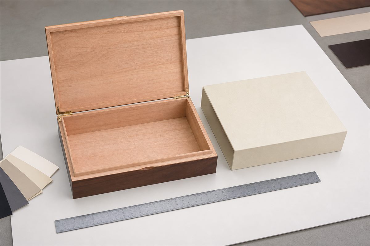 Quality-control review setup for custom cigar boxes and presentation packaging.