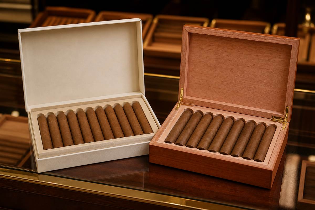 Two unbranded cigar presentation box options with protective inserts.