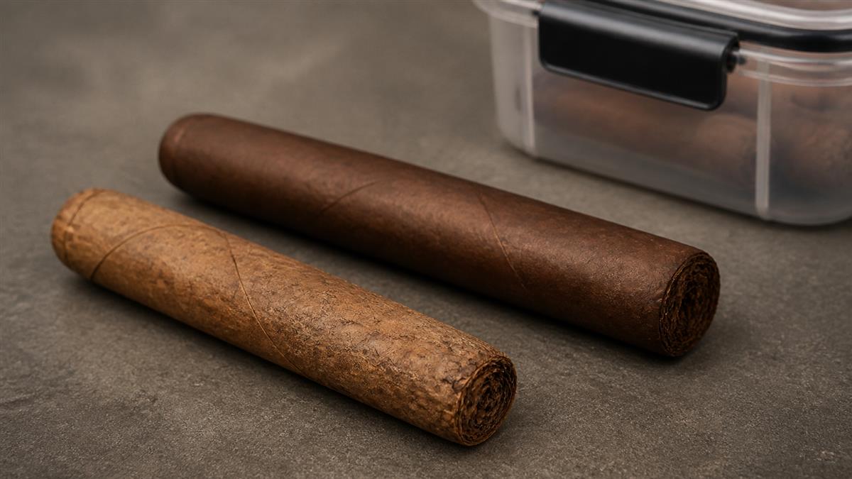 Illustrative cigar storage risk scene showing a dry wrapper and excess-moisture warning cues without text