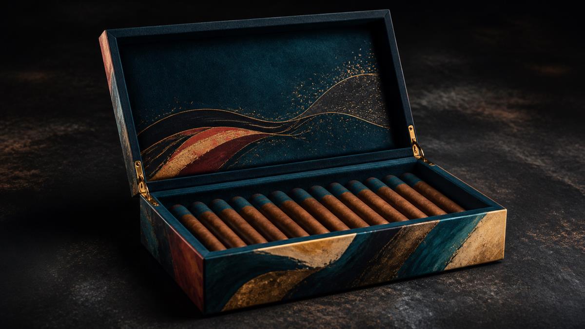 Refined cigar box presentation with coordinated lid art and an elegant interior reveal