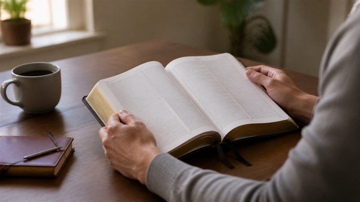 Reader using an open Bible with comfortably spaced text