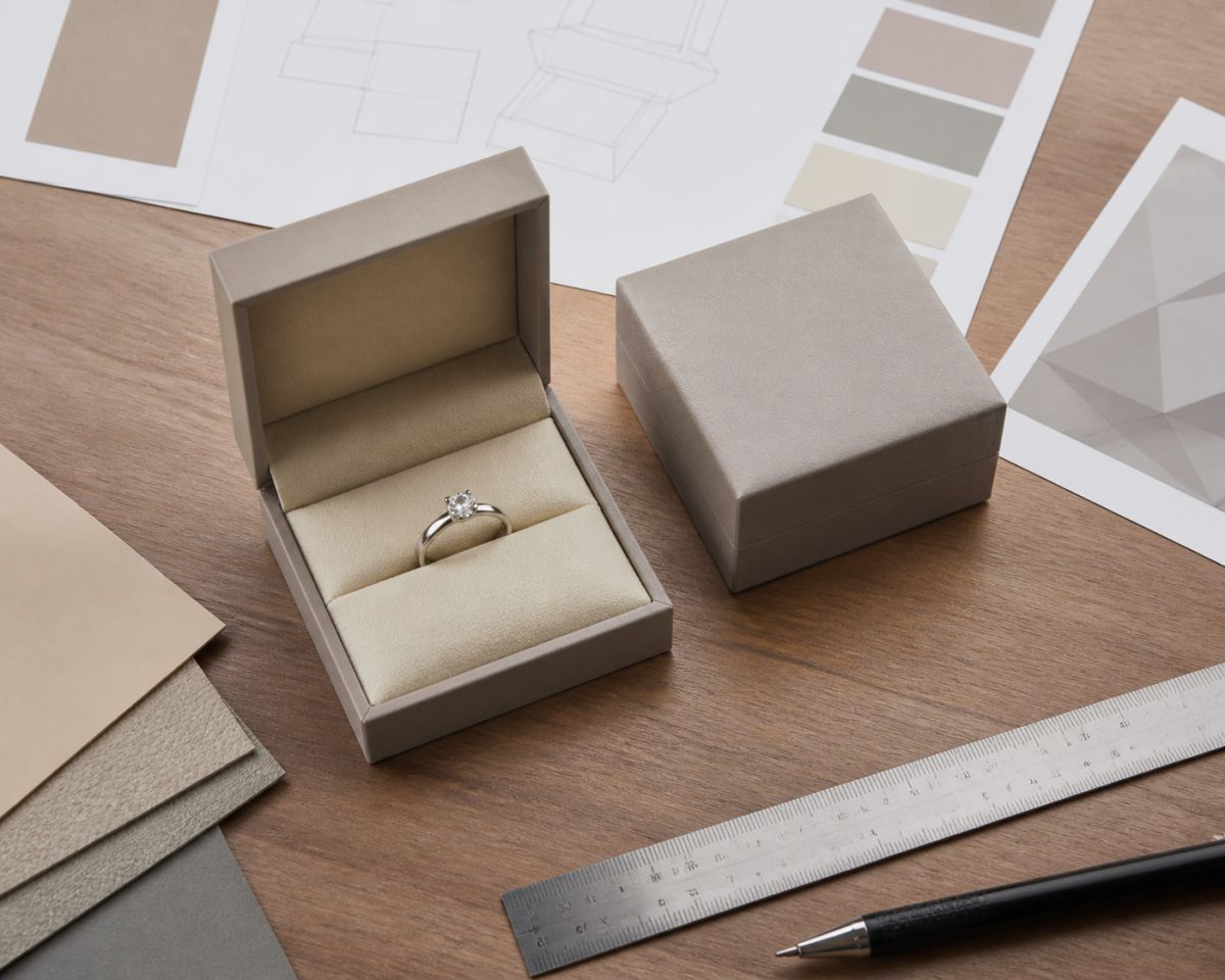 Unbranded jewelry box development workspace with a ring, box mockup, and material samples.