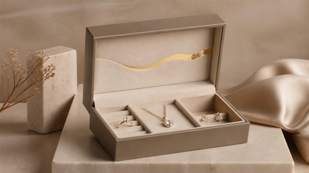 Custom designer jewelry box with tailored insert and unbranded foil detail