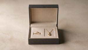 Designer jewelry box with a ring and pendant in a refined presentation layout