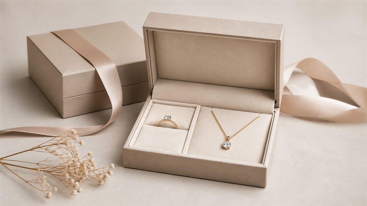 Jewelry box presentation with ring, pendant, and coordinated brand details