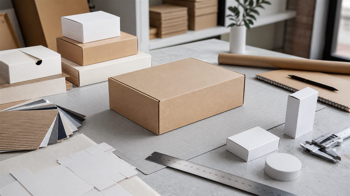 E-commerce packaging development brief with a box sample, measurements, and material swatches.