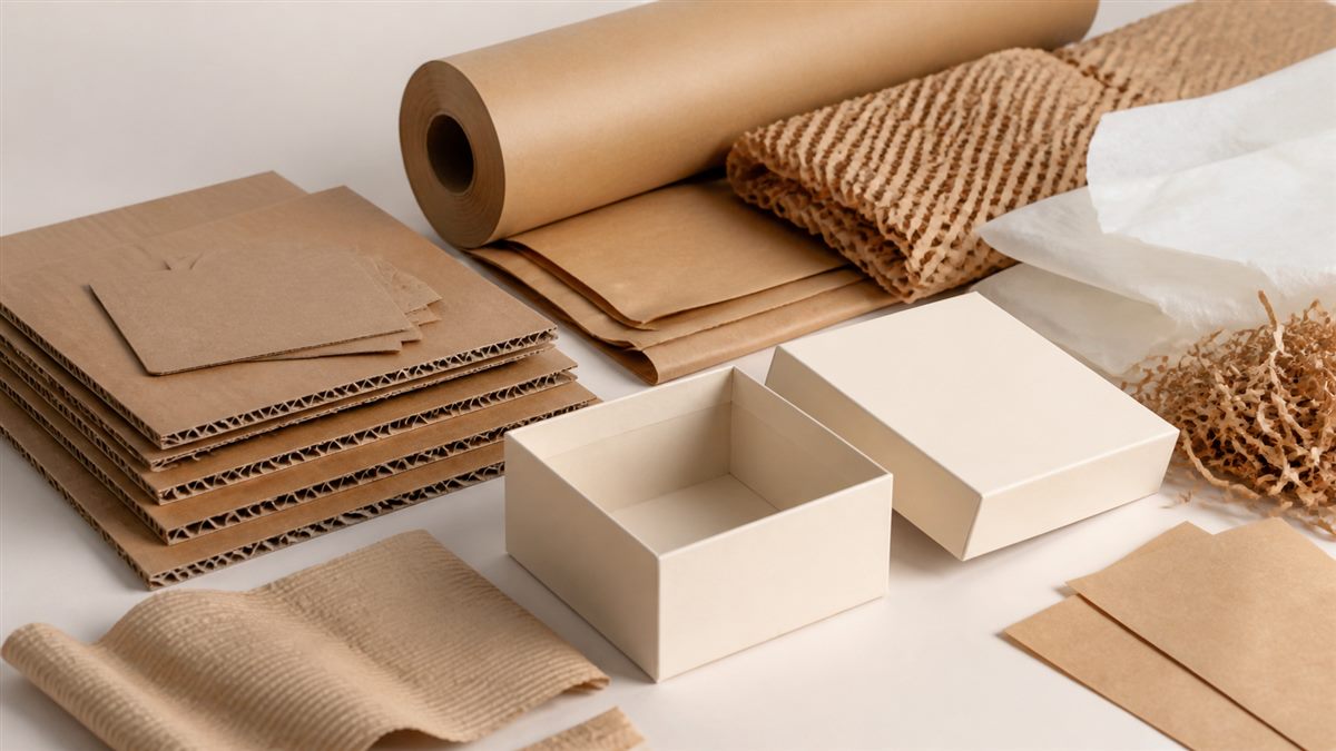 Packaging material samples including corrugated board, kraft paper, tissue, and a rigid paper box.