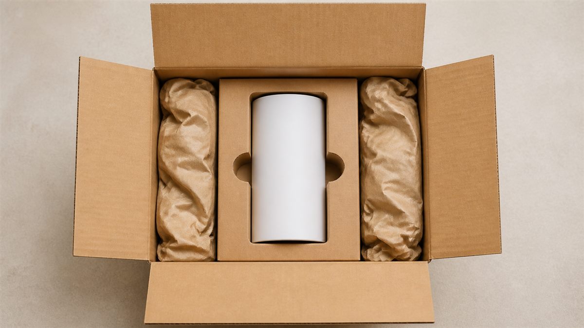 Open shipping carton with a generic product held in a fitted paperboard insert.