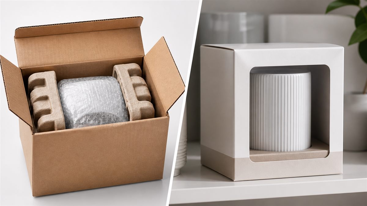 Parcel shipping box and retail product box shown side by side for packaging comparison.