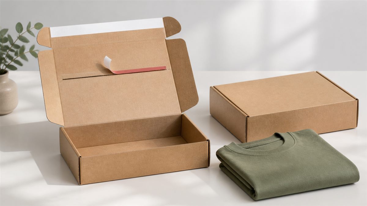 Resealable corrugated mailer box beside a folded apparel item for return planning.