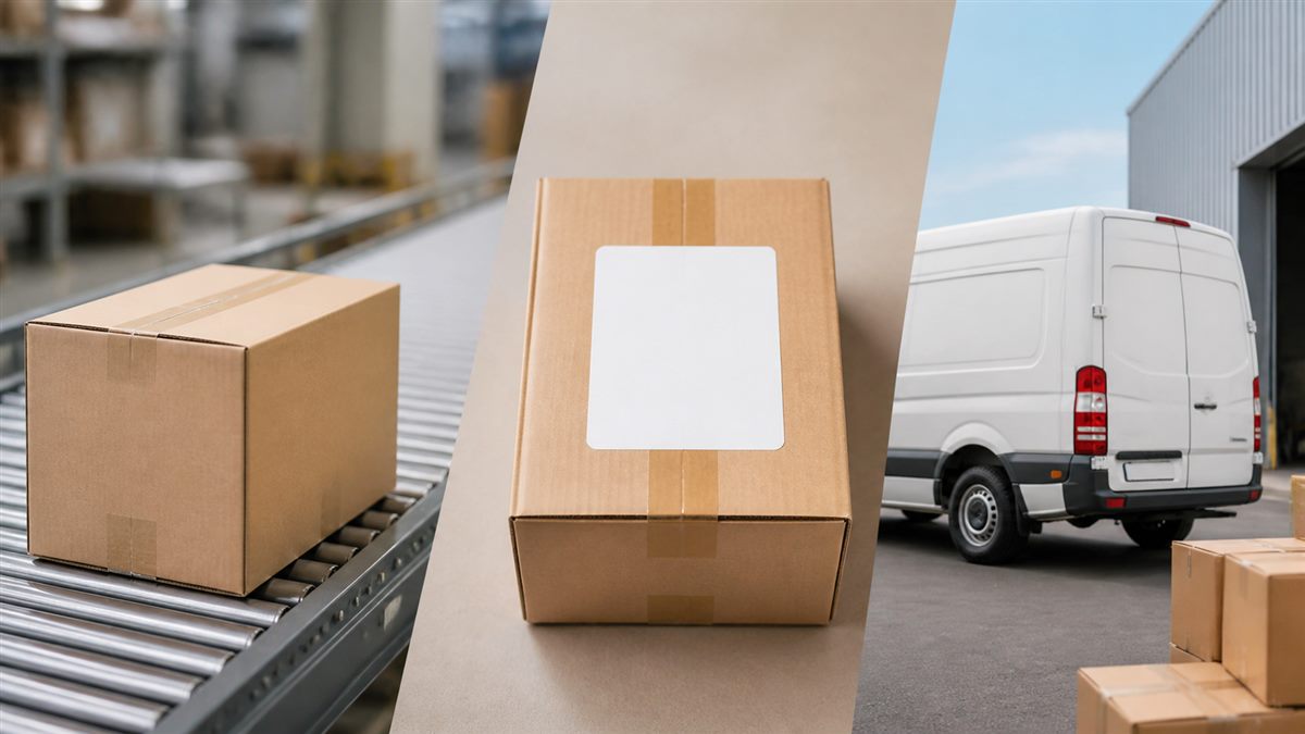 Parcel carton and delivery-stage objects illustrating the e-commerce shipping journey.