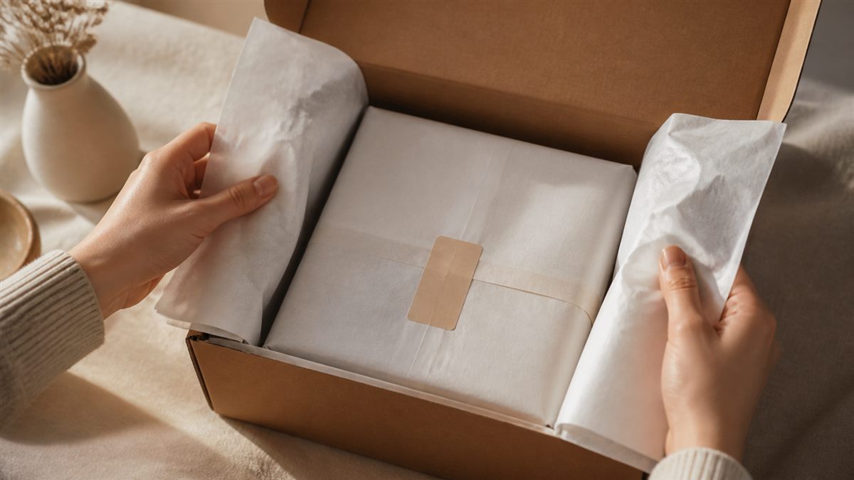 Customer opening an unbranded parcel box with a neatly presented product inside.