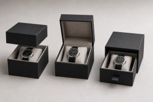 Handmade watch box with a structured exterior and individually positioned watches