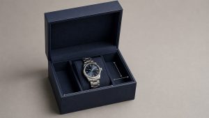 Watch box dimensions shown with a premium watch box, fitted insert, and watch