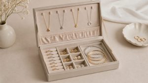Organized jewelry box with separate ring, earring, bracelet, and necklace storage areas