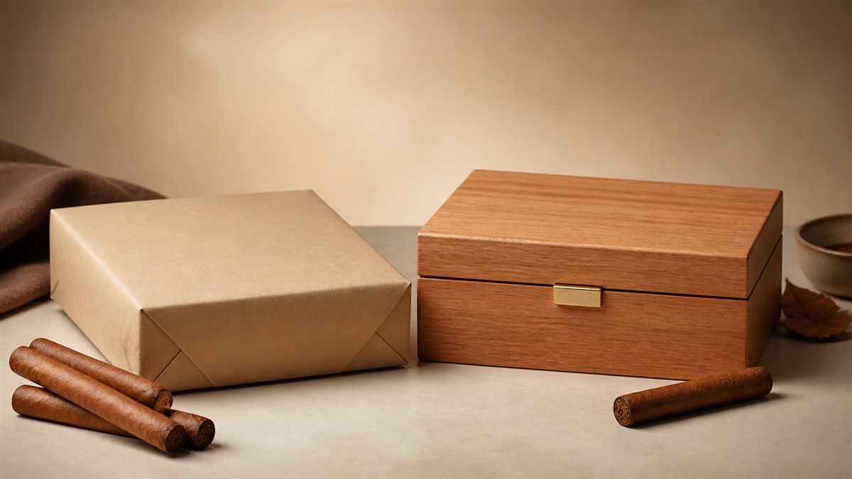 Generic humidor storage setup with a closed container and monitoring accessory